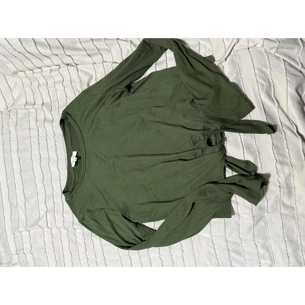 loveJ Olive Green Long Sleeve Tie-Front Top, Medium